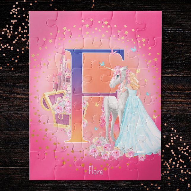 Unicorn and Princess with Castle Letter F Monogram Jigsaw Puzzle (Creator Uploaded)