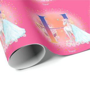 Unicorn and Princess with Castle Letter H Monogram Wrapping Paper