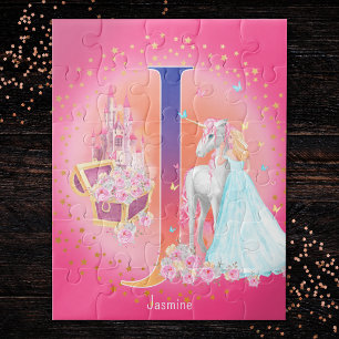Unicorn and Princess with Castle Letter J Monogram Jigsaw Puzzle