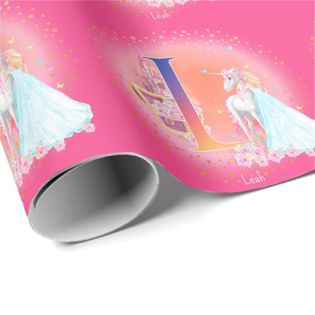Unicorn and Princess with Castle Letter L Monogram Wrapping Paper (Roll Corner)