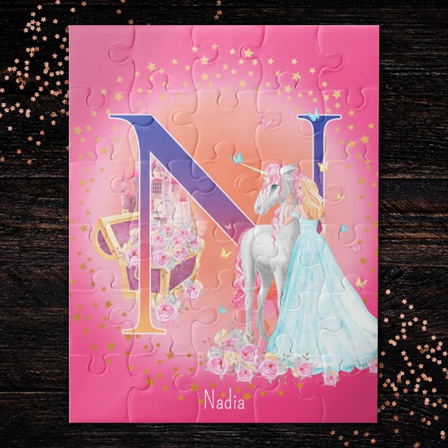 Unicorn and Princess with Castle Letter N Monogram Jigsaw Puzzle (Creator Uploaded)