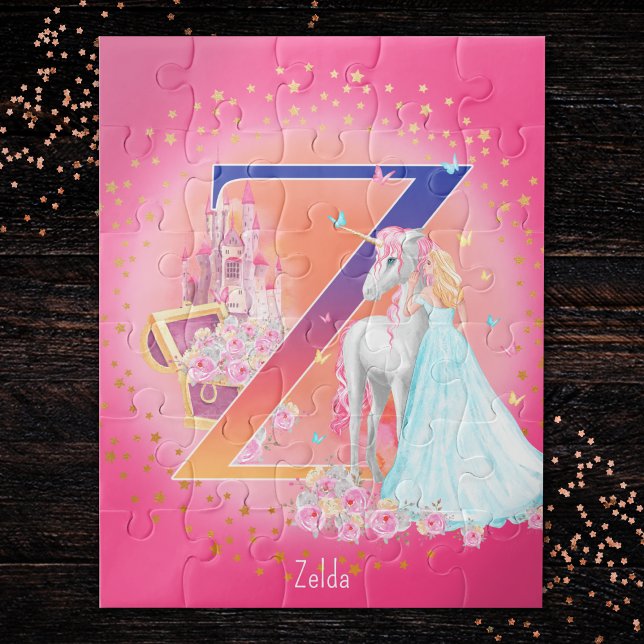 Unicorn and Princess with Castle Letter Z Monogram Jigsaw Puzzle (Creator Uploaded)