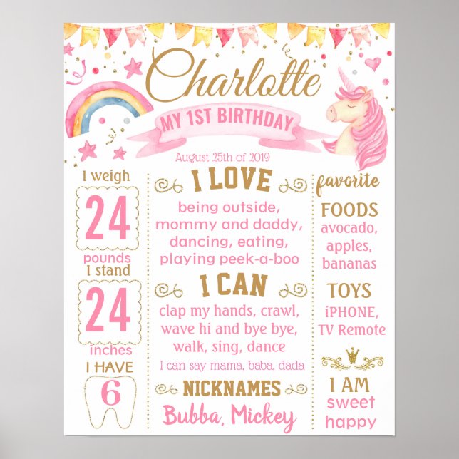 Unicorn and rainbow Birthday board Poster (Front)