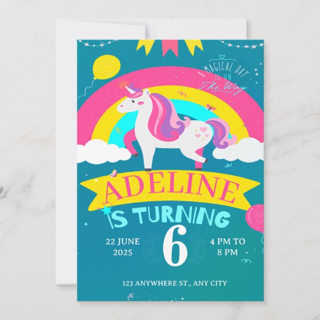 unicorn and rainbow birthday invitation (Front)