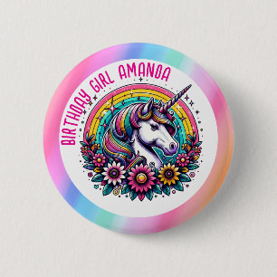 Unicorn and Rainbow Personalised Birthday Girl 6 Cm Round Badge