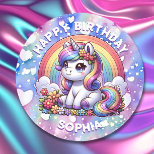 Unicorn and Rainbow Personalised Birthday Girl Classic Round Sticker