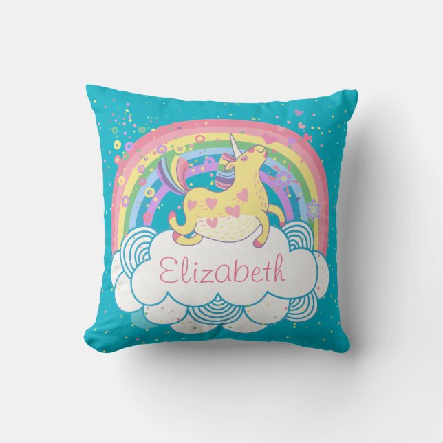 Unicorn and Rainbow Personalised Girls Pillow Gift (Front)