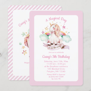 Unicorn and Rainbow Pink Watercolor Birthday Invitation