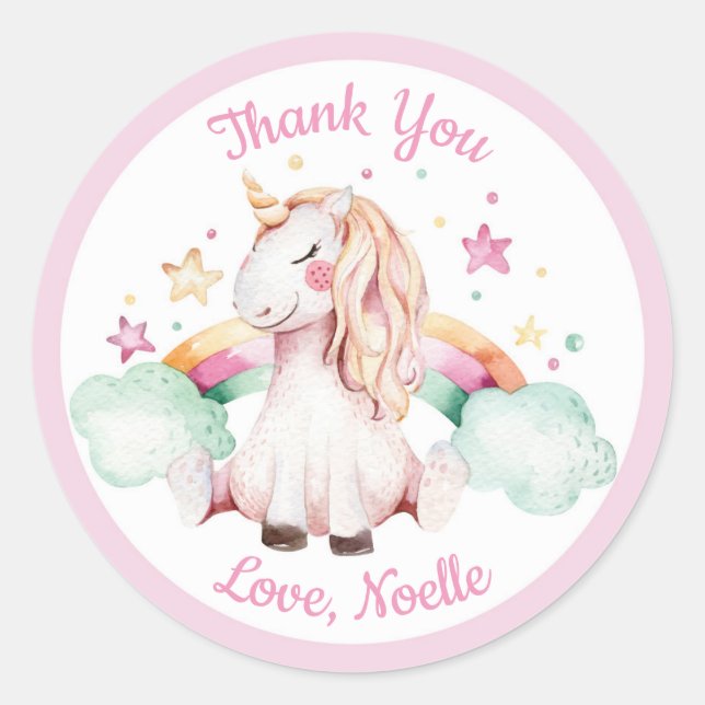 Unicorn and Rainbow Thank You Favour Classic Round Sticker (Front)