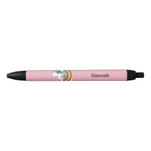 Unicorn and Rainbow w Clouds Kawaii Personalise Black Ink Pen