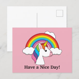 Unicorn and Rainbow w Clouds Kawaii Personalise Holiday Postcard