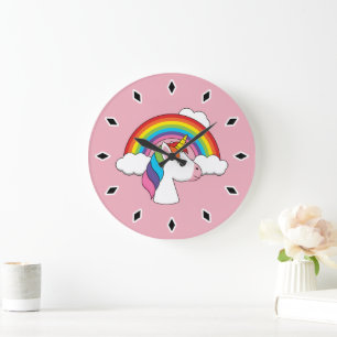 Unicorn and Rainbow with Clouds Kawaii Large Clock