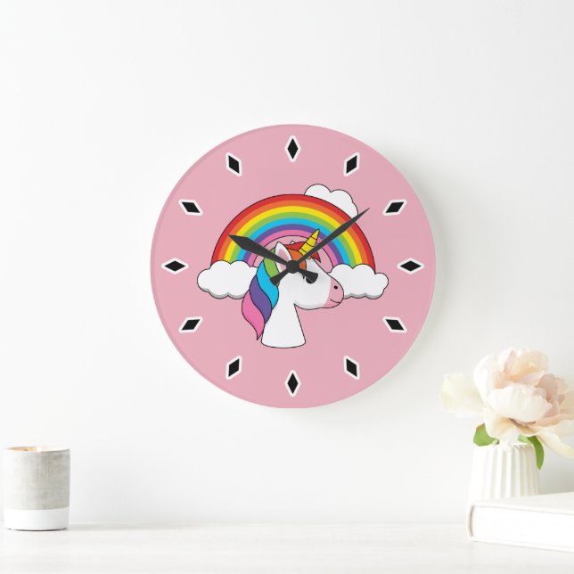 Unicorn and Rainbow with Clouds Kawaii Large Clock (Home)