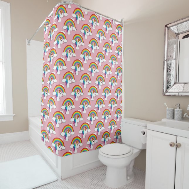 Unicorn and Rainbow with Clouds Kawaii Shower Curtain (In Situ)