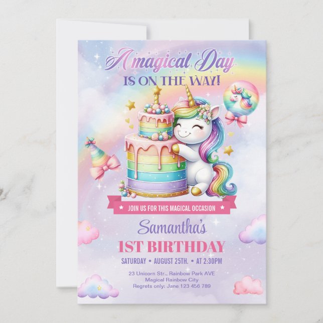 Unicorn and Rainbows Birthday Cake first Birthday Invitation (Front)