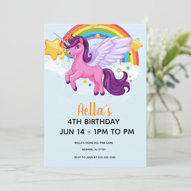 Unicorn and Rainbows Birthday  Invitation (Standing Front)