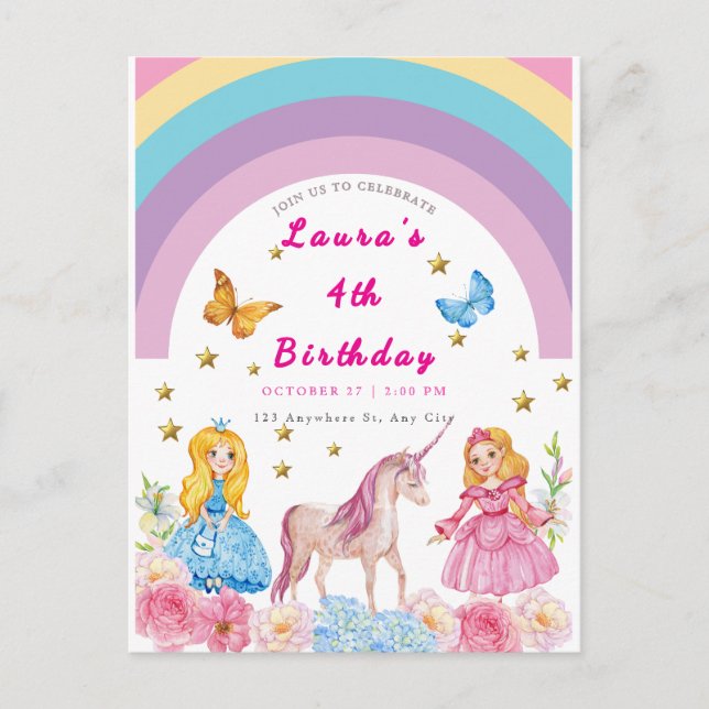 Unicorn and Rainbows Birthday Party Invitation Postcard (Front)