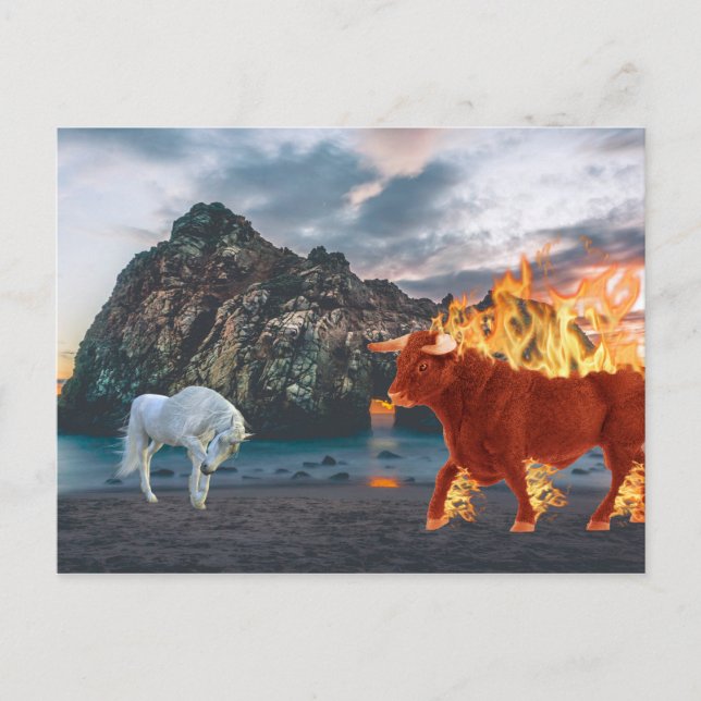 Unicorn and Red Flaming Bull on Beach Postcard (Front)