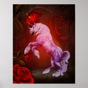 Unicorn And Red Roses Fantasy Horse Art Poster