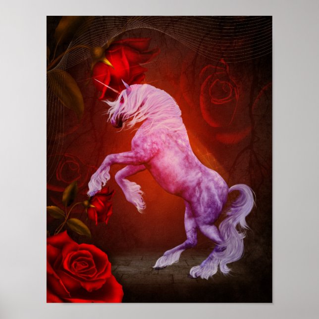 Unicorn And Red Roses Fantasy Horse Art Poster (Front)