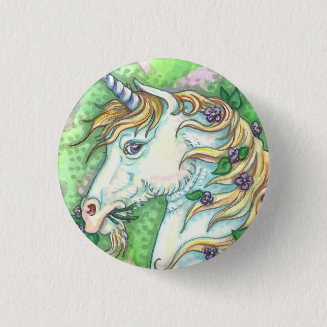 UNICORN AND VIOLETS, FANTASY HORSE BUTTON Pin (Front)