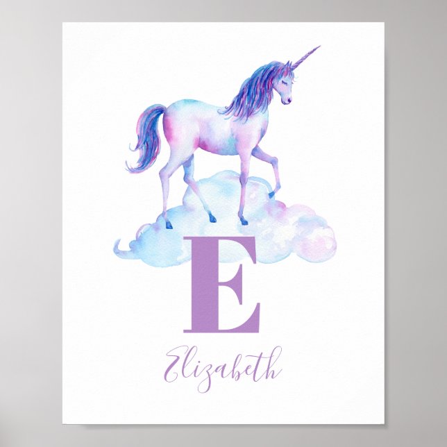 Unicorn animal. Baby monogram. Purple nursery name Poster (Front)