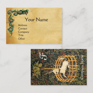 UNICORN /Antique Floral Brown Parchment Monogram Business Card
