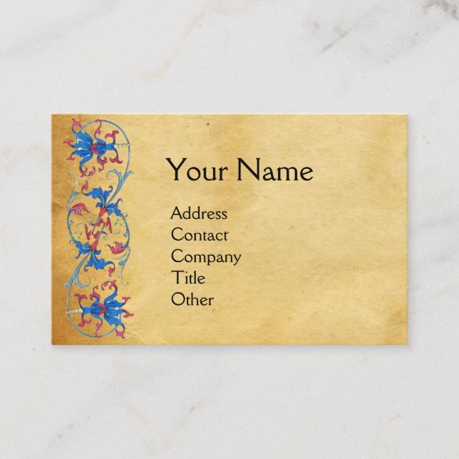 UNICORN Antique Red Blue Floral Parchment Monogram Business Card (Front)