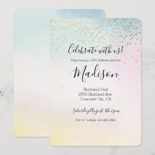 Unicorn Aqua Pink Yellow Tie Dye Gold Confetti Invitation