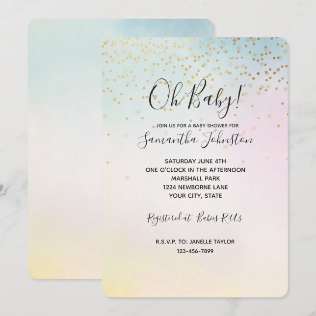Unicorn Aqua Pink Yellow Tie Dye Gold Confetti Invitation (Front/Back)