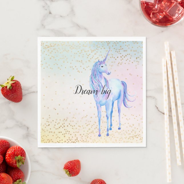 Unicorn Aqua Pink Yellow Tie Dye Gold Confetti Napkin (Insitu)