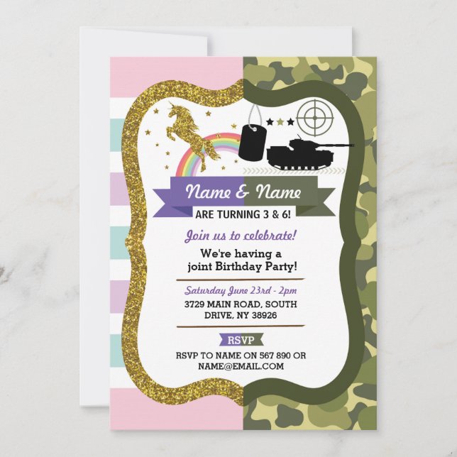 Unicorn & Army Joint Boy Girl Birthday Military Invitation (Front)