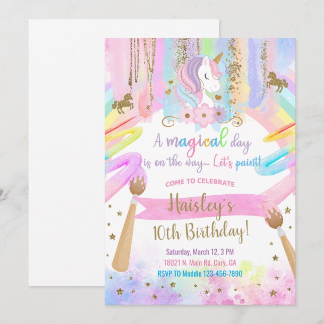 Unicorn art, painting, girl birthday invitation. invitation (Front/Back)