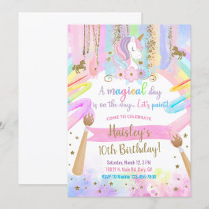 Unicorn art, painting, girl birthday invitation. invitation