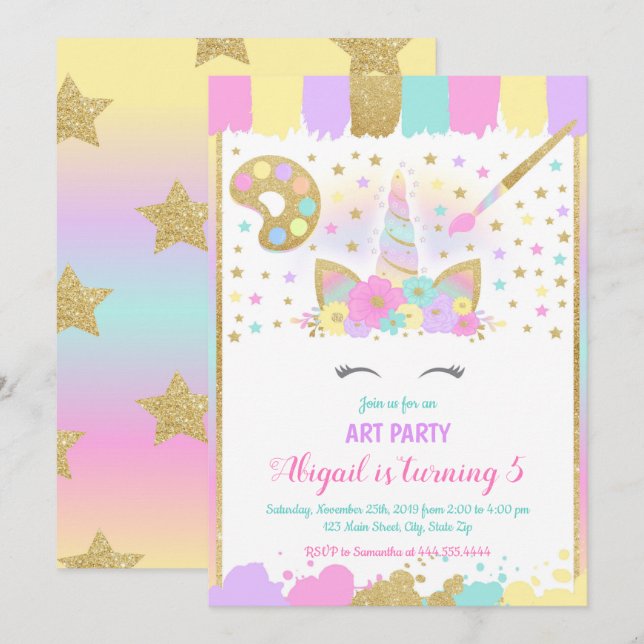 Unicorn Art Party Birthday Invitation, Unicorn Invitation (Front/Back)