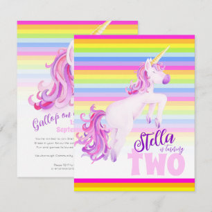 Unicorn art rainbow 2nd birthday invitations