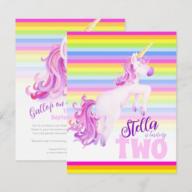 Unicorn art rainbow 2nd birthday invitations (Front/Back)