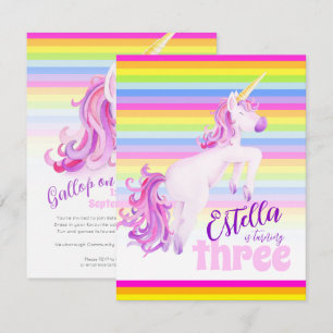 Unicorn art rainbow 3rd birthday invitations