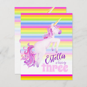 Unicorn art rainbow 3rd birthday invitations