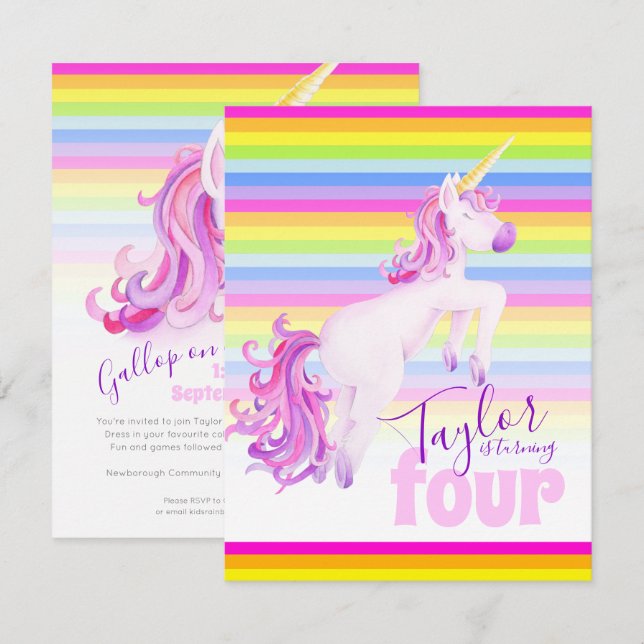 Unicorn art rainbow 4th birthday invitations (Front/Back)