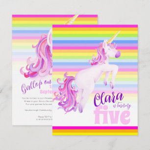 Unicorn art rainbow 5th birthday invitations