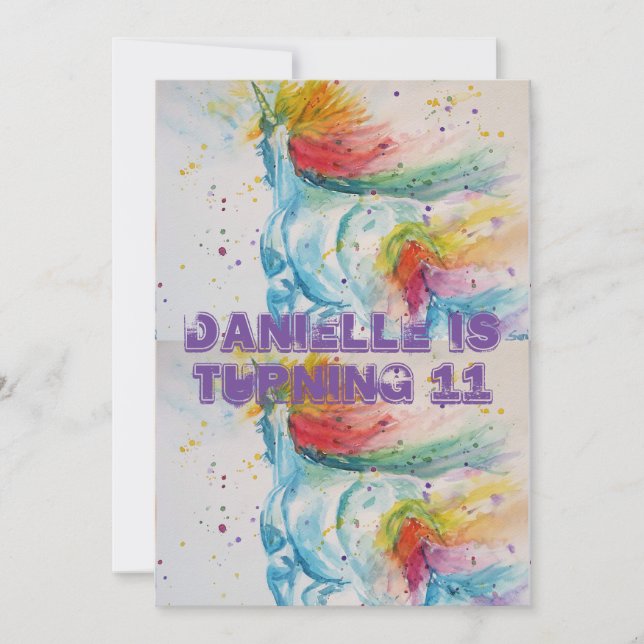 Unicorn Art Watercolour Girls Birthday Invitation (Front)