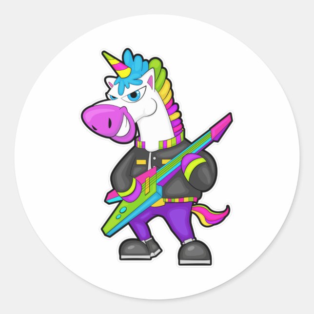 Unicorn as Musician with Guitar Classic Round Sticker (Front)
