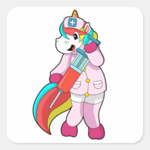 Unicorn as Nurse at Vaccination & Syringe Square Sticker
