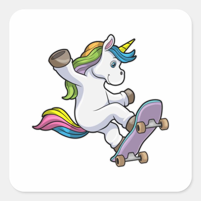 Unicorn as Skater with Skateboard Square Sticker (Front)