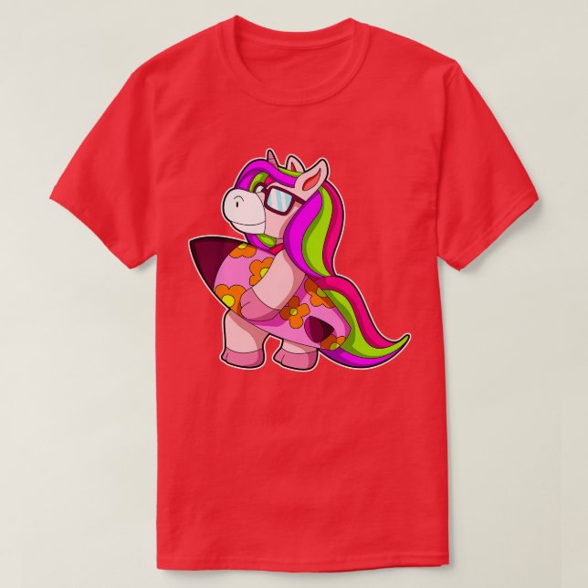 Unicorn as Surfer with Surfboard Sunglasses T-Shirt (Design Front)