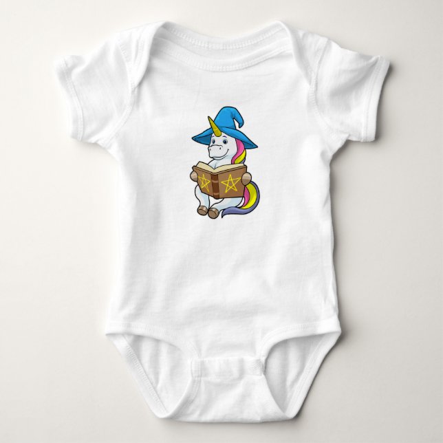 Unicorn as Wizard with Book & Hat Baby Bodysuit (Front)