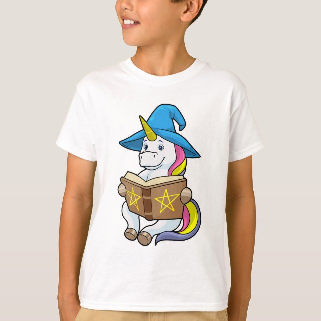Unicorn as Wizard with Book & Hat T-Shirt (Front)