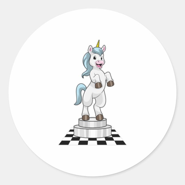 Unicorn at Chess as Chess piece Knight Classic Round Sticker (Front)