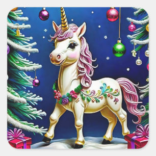 unicorn at christmas square sticker